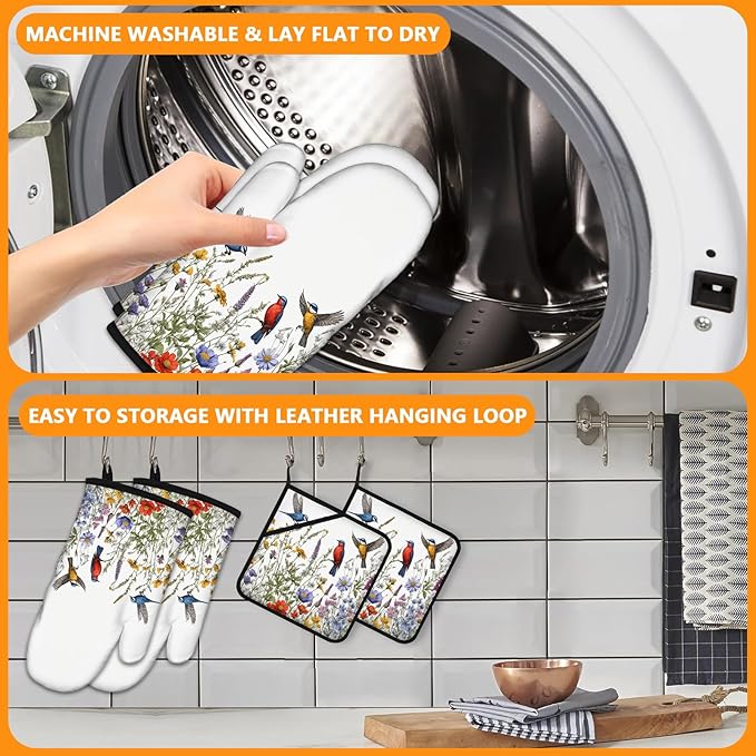 Wildflowers Birds Oven Mitts and Pot Holders Sets 4Pcs,Extra Long Oven Gloves Potholder for Kitchen Cooking Baking BBQ 100% Cotton Heat Resistant - Image 5
