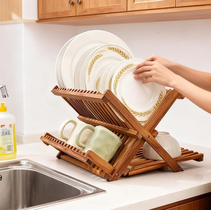 Utoplike 3 Tier Collapsible Teak Wood Dish Drying Rack, Foldable Large Capacity Dish Draine, Space-Saving Countertop Kitchen Organizer for Plates, Cups - Image 2