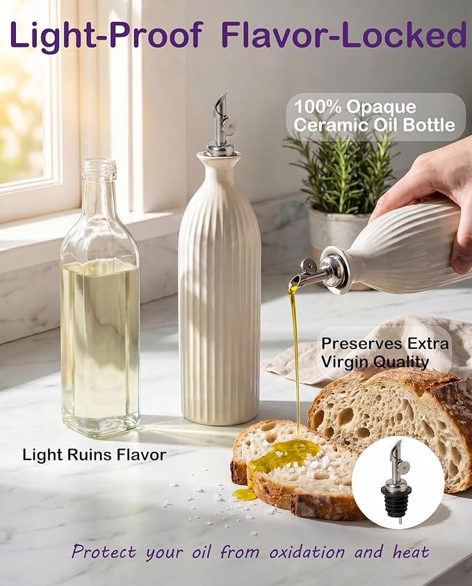 Ceramic Olive Oil Dispenser Bottle,17 oz Stoneware Relief oil container for kitchen with Stainless Gravity Spout, Suitable for Cooking,Sauce,syrup - Reactive White
