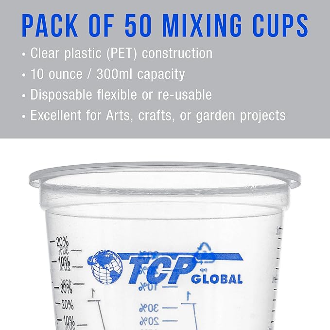 TCP Global 10 oz. (300ml) Graduated Plastic Mixing Cups - Box of 50 with 50 Mixing Sticks - Disposable Plastic Measuring Cups for Liquids, Paints, Resin, Epoxy, Art, Kitchen - Ratios 2-1, 3-1, 4-1 ML - Image 4