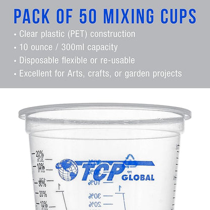 TCP Global 10 oz. (300ml) Graduated Plastic Mixing Cups - Box of 50 with 50 Mixing Sticks - Disposable Plastic Measuring Cups for Liquids, Paints, Resin, Epoxy, Art, Kitchen - Ratios 2-1, 3-1, 4-1 ML - Image 4