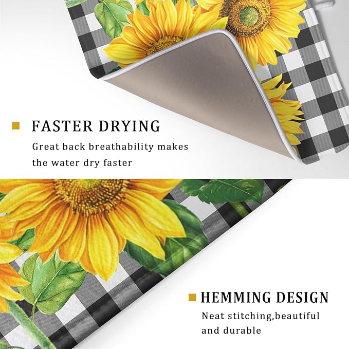 Sunflower Dish Drying Mat for Kitchen Counter Black White Buffalo Plaid Microfiber Absorbent Dish Draining Reusable Washable Foldable Extra Large 18"x24" - Image 3