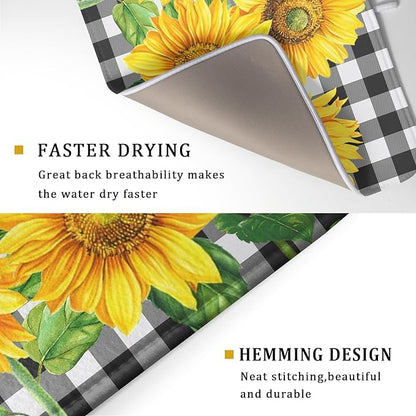 Sunflower Dish Drying Mat for Kitchen Counter Black White Buffalo Plaid Microfiber Absorbent Dish Draining Reusable Washable Foldable Extra Large 18"x24" - Image 3