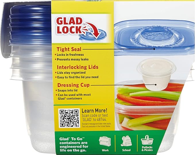 Glad GladWare To Go Snack Food Storage Containers with Lids, Medium Rectangle No BPA Plastic with Built-In Dressing Cup for Salads and Snacks, Microwave Dishwasher Safe, 24 Oz, 4 Count - Image 2