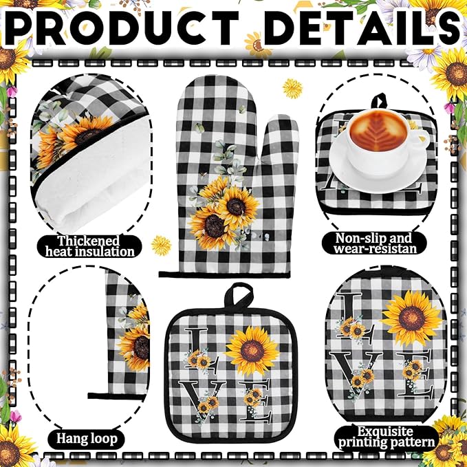 Fourluoo 10 Pcs Sunflower Kitchen Decor 4 Black and White Buffalo Plaid Dish Towels 2 Buffalo Check Pot Holders 2 Rustic Sunflower Oven Mitts 2 Yellow Rugs for Cooking Baking Mom Housewarming Gift - Image 5