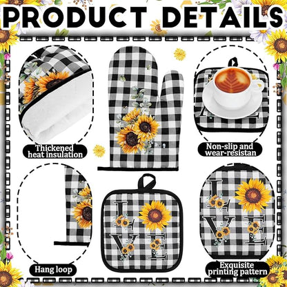 Fourluoo 10 Pcs Sunflower Kitchen Decor 4 Black and White Buffalo Plaid Dish Towels 2 Buffalo Check Pot Holders 2 Rustic Sunflower Oven Mitts 2 Yellow Rugs for Cooking Baking Mom Housewarming Gift - Image 5