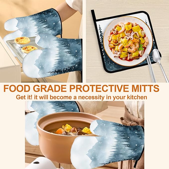 Winter Forest Oven Mitts and Heat Resistant Pads - Heat Resistant Gloves Potholder Set of 4 for Cooking, BBQ, Gifts for Women