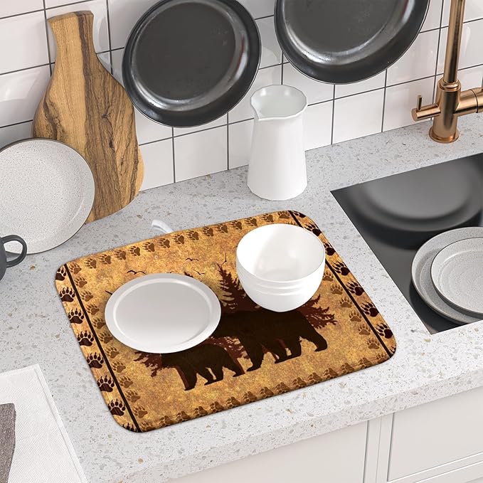 Giwawa 16"x18" Brown Bear Dish Drying Mat Rustic Forest Wildlife Woodland Dish Drainer Mats for Kitchen Countertop Farmhouse Animal Paw Print Fast Dry Microfiber Dish Drying Pad Decoration