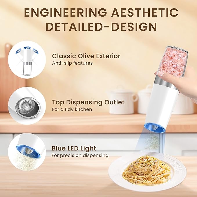 Gravity Electric Salt And Pepper Grinder Set, Automatic Salt And Pepper Grinder Set, Battery Powered (6 AAA Batteries Each), Adjustable Roughness, LED Light, 2 Pack, (Black+White) - Image 4
