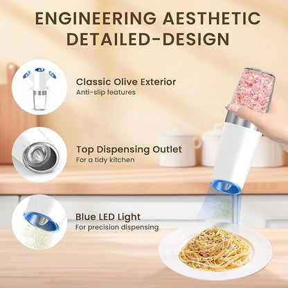 Gravity Electric Salt And Pepper Grinder Set, Automatic Salt And Pepper Grinder Set, Battery Powered (6 AAA Batteries Each), Adjustable Roughness, LED Light, 2 Pack, (Black+White) - Image 4