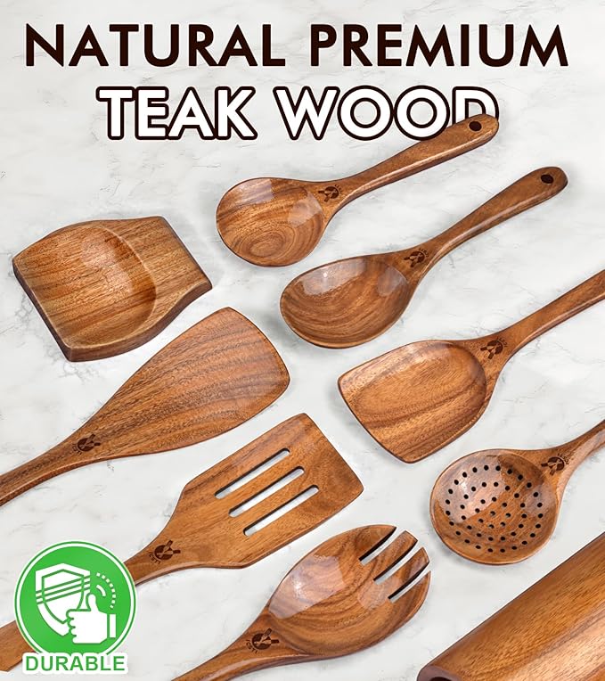 Wooden Spoons for Cooking, 9 Pcs Natural Teak Wooden Utensil Set with Spoon Rest, Comfortable Grip Wooden Cooking Utensils Set with Holder for Nonstick Cookware, Sturdy, Lightweight & Heat Resistant - Image 2