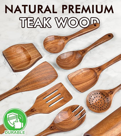 Wooden Spoons for Cooking, 9 Pcs Natural Teak Wooden Utensil Set with Spoon Rest, Comfortable Grip Wooden Cooking Utensils Set with Holder for Nonstick Cookware, Sturdy, Lightweight & Heat Resistant - Image 2