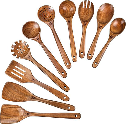 Wooden Spoons for Cooking, 10 Pcs Natural Teak Wood Kitchen Utensils Set, Comfortable Grip Wooden Utensil Set for Nonstick Pans & Cookware, Heat Resistant Wooden Spoons Wooden Spatulas Set by Unknown
