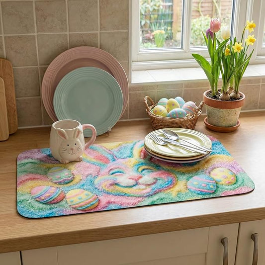 Pastel Rainbow Easter Dish Drying Mat: 12’’x20’’ Easter Smiling Bunny & Decorated Eggs Design Absorbent Non-Slip Counter Protector - Spring Holiday Kitchen Bar Coffee Mat Station Pad