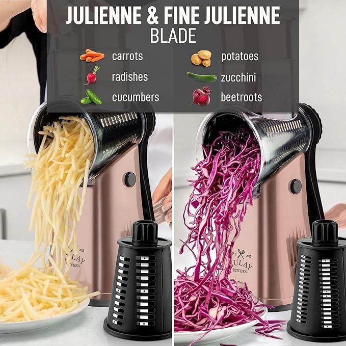 Zulay Kitchen Rotary Cheese Grater 5 Blade Cheese Shredder - Manual Hand Crank Cheese Grater With Reinforced Suction & 5 Interchangeable Drums - Easy to Use, Vegetable Chopper Round Mandoline Slicer - Image 6