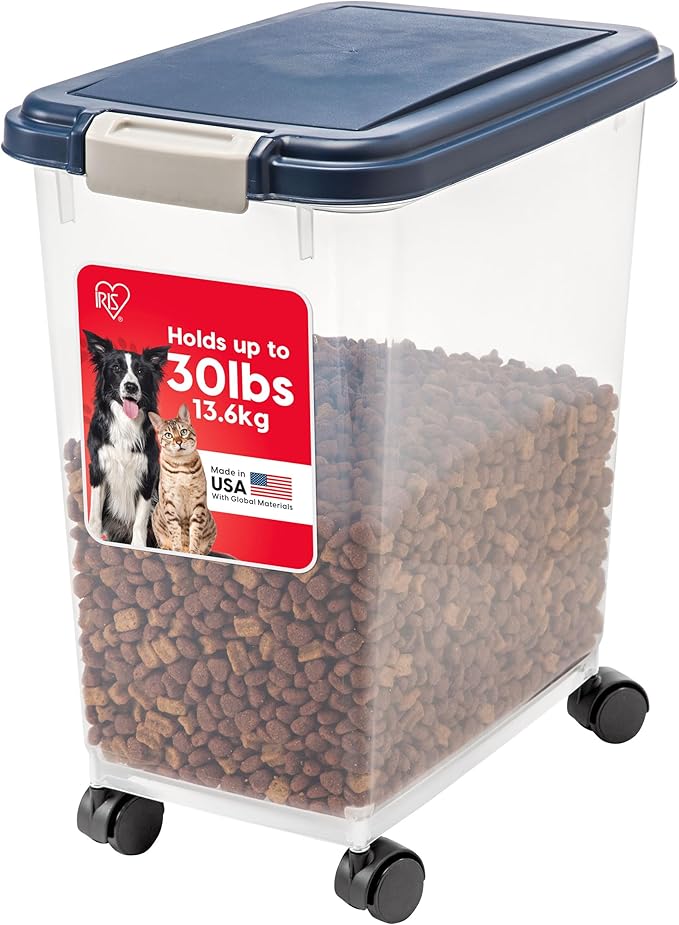 IRIS USA Airtight Dog Food Storage Container, Up to 30 lbs, Attachable Wheels, for Dog Cat Bird and other Pet Food Storage Bin, Keep Fresh, Easy Mobility, BPA Free, Navy by IRISUSA