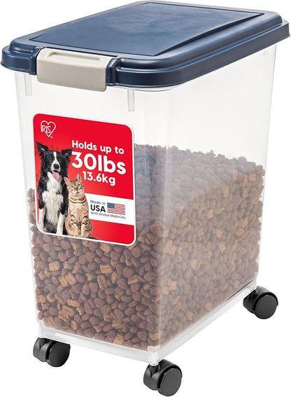 IRIS USA Airtight Dog Food Storage Container, Up to 30 lbs, Attachable Wheels, for Dog Cat Bird and other Pet Food Storage Bin, Keep Fresh, Easy Mobility, BPA Free, Navy by IRISUSA
