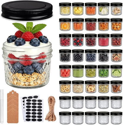 4 oz Glass Jars With Lids (Black), 40 Pack Small Clear Mason Jars and Diamond appearance, Small Spice Canning Jars for Spice, Honey, Jam, Caviar, Candle Making, Wedding Favors & Kitchen Storage by QAPPDA