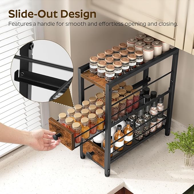 YATINEY Spice Rack, 3-Tier Pull Out Spice Rack Organizer for Countertop, Narrow Kitchen Countertop Storage Shelf with 2 Drawers, for Kitchen, Cafe, Rustic Brown and Black SR02BR - Image 4