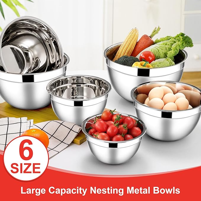 E-far Mixing Bowls with Lids, 12-Piece Stainless Steel Salad Bowls Metal Nesting Bowls for Baking Cooking and Prepping, Airtight Lids & Stackable Design, Size 7, 4.5, 3, 1.5, 1.2, 0.7 QT (Red) - Image 3