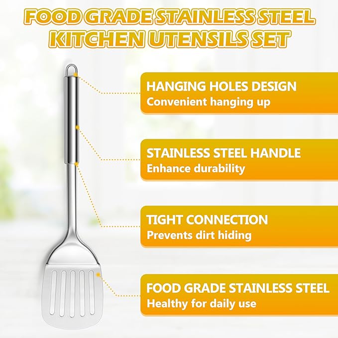 E-far 6-Piece Cooking Utensils Set, Stainless Steel Kitchen Utensils, Metal Heat Resistant Kitchen Tools Set Including Spoon, Soup Ladle, Slotted/Solid Turner, Skimmer, Pasta Server, Dishwasher Safe - Image 7