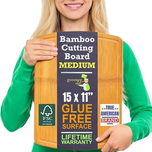 Bamboo Cutting Board – 15 Inch Wood Cutting Boards for Kitchen with Glue-Free Surface™ & Juice Groove – Non-Toxic, FSC-Certified, Durable Wooden Chopping Board by GreenerChef