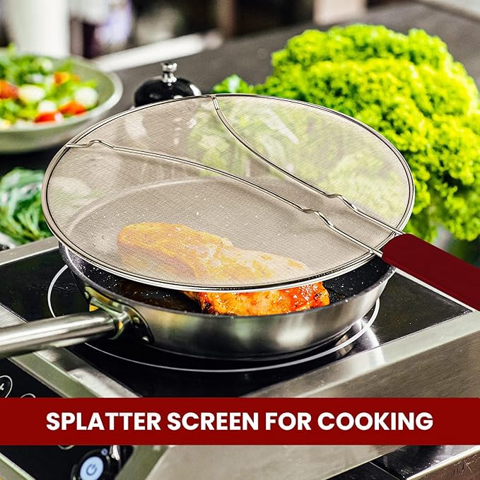 13" Grease Splatter Screen for Cooking | Stainless Steel Oil Splatter Guard and Ultra-Fine Mesh Protects Skin from Burns | TPR Tight-Grip Handle (Red) - Image 3