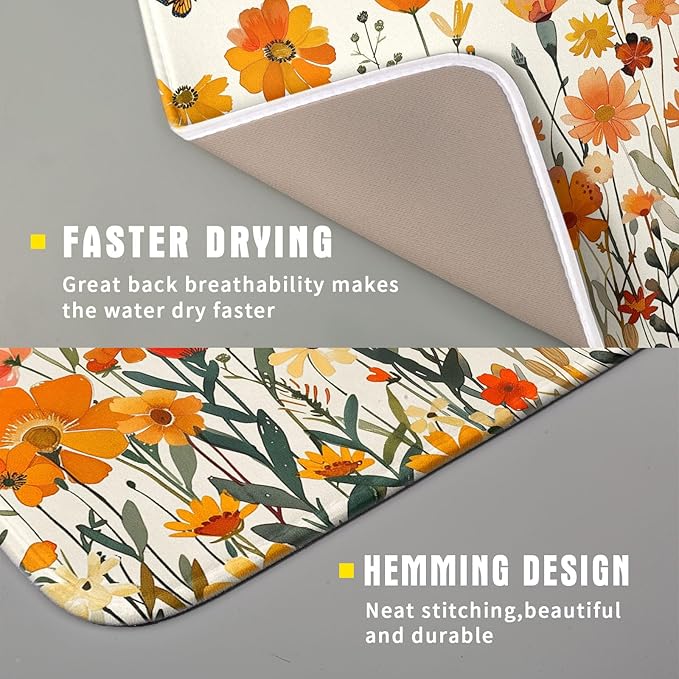 Fall Orange Wildflower Dish Drying Mat for Kitchen Counter,Autumn Floral Butterflies Drying Mat 16 x 18 Inch with Absorbent Reversible Microfiber Dish Drying Pad Dish Pad for Coffee Bar - Image 3