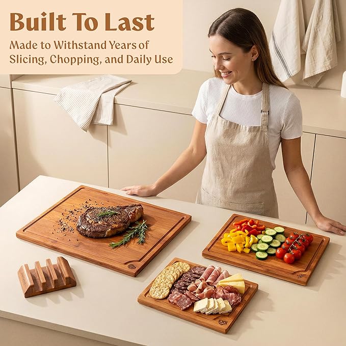 EDELHAUS Carbonized Bamboo Cutting Boards – Cutting Board Set of 3 Heat Treated for Rich Color & Lower Moisture Absorption, Chopping Boards with Juice Groove, Non-Toxic, FSC Certified incl. Stand