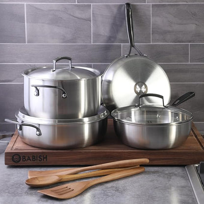 Babish 10-Piece Professional Tri-Ply Non-Toxic Pots and Pans Cookware Set – Durable, Even Heat Distribution - Image 2
