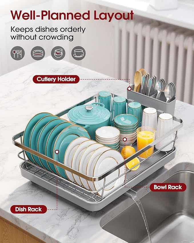 Sakugi Stainless Steel Dish Drying Rack for Kitchen Counter, Sink Organization and Storage Essentials with Silverware & Utensil Holder, Home and Apartment Decor, 12''W x 15.5''L, Silver - Image 2