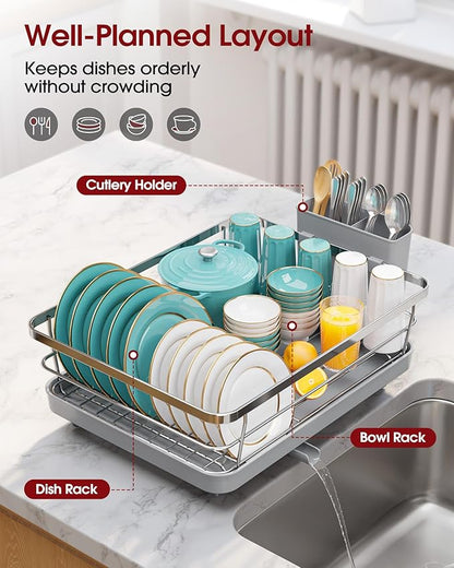 Sakugi Stainless Steel Dish Drying Rack for Kitchen Counter, Sink Organization and Storage Essentials with Silverware & Utensil Holder, Home and Apartment Decor, 12''W x 15.5''L, Silver - Image 2