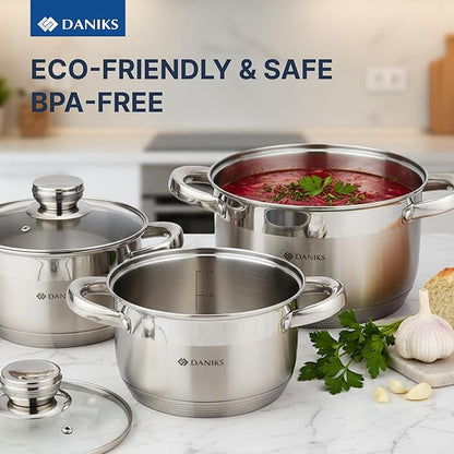 Daniks Standard 9-Piece Stainless Steel Cookware Set with Glass Lids, Includes Saucepan, Tri-Ply Bases for Even Heating, Induction Compatible, Dishwasher Safe, Built-In Measuring Scale, Silver