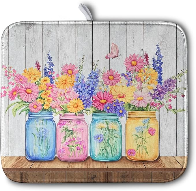 Daisy Dish Drying Mat for Kitchen Counter Spring Summer Flowers Vases Dishes Pad Microfiber Absorbent Dish Draining Mats Rustic Farmhouse Floral Wooden Board Dish Drainer Rack Mat 16x18 Inch by Kwlegh