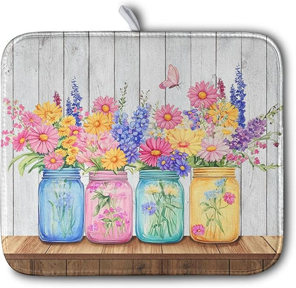 Daisy Dish Drying Mat for Kitchen Counter Spring Summer Flowers Vases Dishes Pad Microfiber Absorbent Dish Draining Mats Rustic Farmhouse Floral Wooden Board Dish Drainer Rack Mat 16x18 Inch by Kwlegh