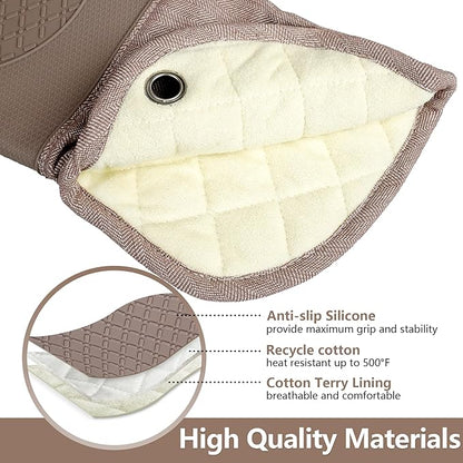 Professional Microwave Silicone Oven Mitts one Pair, Kitchen Mitten Set for Heat Resistant with 500 Degrees, Kitchen Gloves Pot Holder for BBQ Cooking Baking (Khaki)