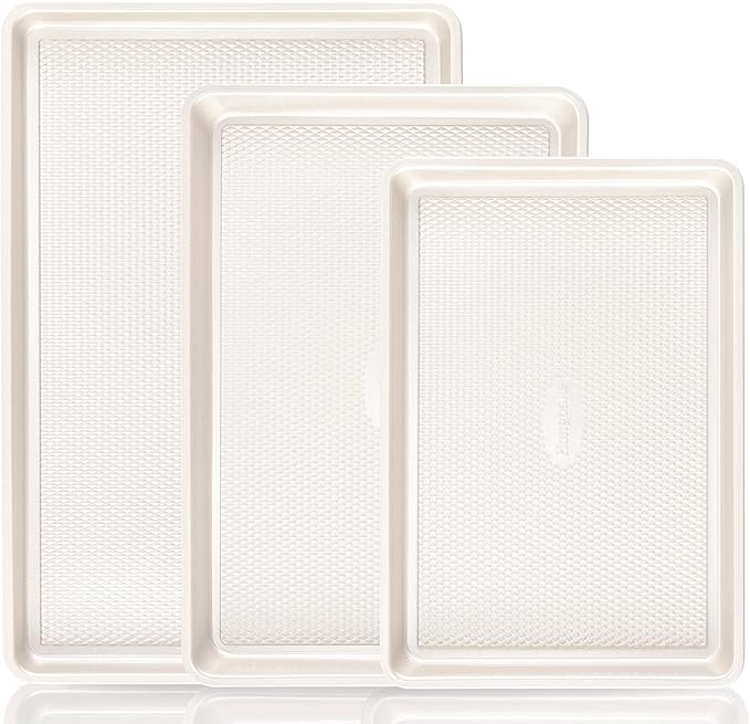 HONGBAKE 3 Pack Nonstick Ceramic Baking Sheet Pan Set for Oven, Non-Toxic Half/Quarter/Jelly Roll Pans with Diamond Texture, 0.8mm Aluminized Steel Cookie Trays for Cooking, Cream by HONGBAKE