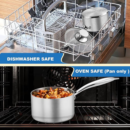 P&P CHEF 1 & 2 Quarts Tri-Ply Stockpot and Saucepan, Stainless Steel Sauce Pan with Lid, Cooking Induction Pot, Kitchen Cookware for All Stoves, Non-Toxic, Sturdy & Dishwasher Safe, 2 Pieces
