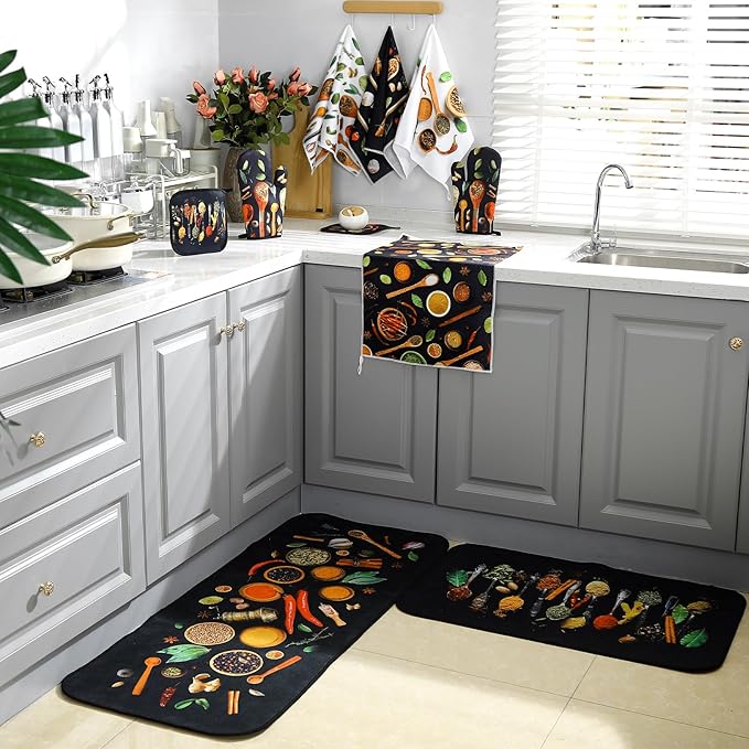 Fourluoo 10 Pcs Farmhouse Kitchen Decor and Accessories Set 4 Kitchen Towels 2 Pot Holders 2 Oven Mitts 2 Rugs for Cooking Baking Mom Housewarming Gifts(Vivid Color,Colorful Spices) - Image 6