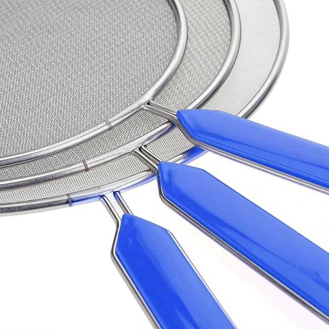 Grease Splatter Screens Guards Shields Frying Pan Pot Cooking Oil Cover Skillet Lid - Stainless Steel Mesh Blue Handle Set of 3: 8", 9.5", 11" - Image 3