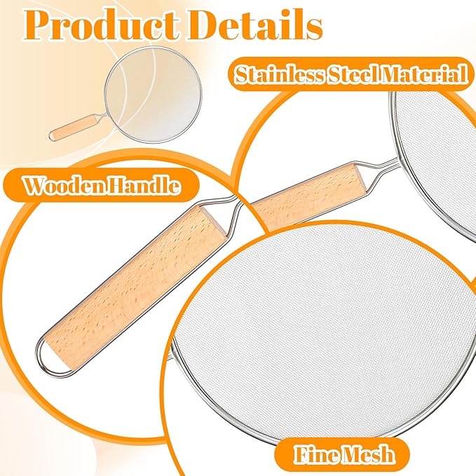 8.3Inch Grease Splatter Screen, Stainless Steel Grease Splatters Guard with Wood Handle Hot Oil Splash Protector Splatter Screen for Frying Pan Kitchen Cooking Gadgets Supplies - Image 3