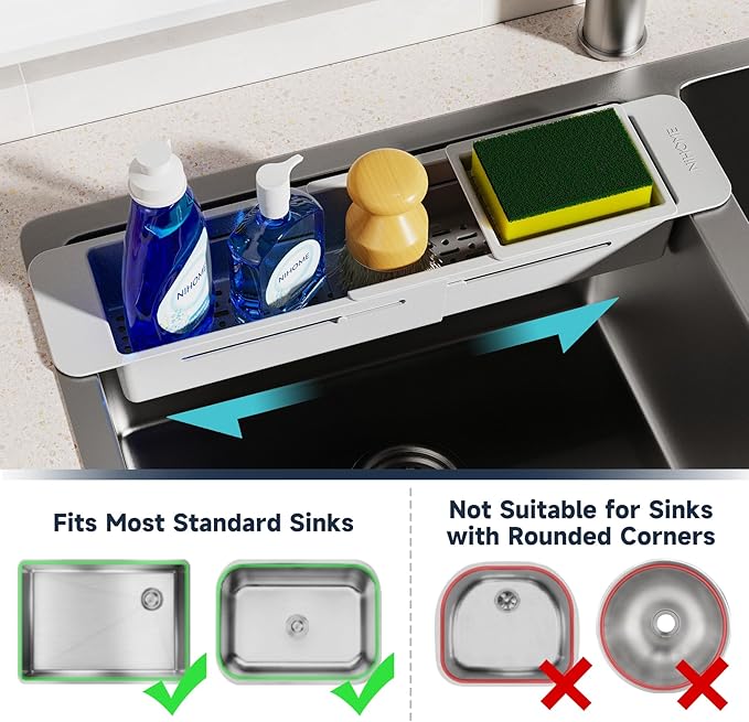NiHome Extendable Over Sink Kitchen Organizer, Small Telescopic Brush Storage Rack for Sponge, Non-Slip Pads Expandable Sink Caddy, Adjustable Sponge/Brush Rack with Drainage Durable ABS (Gray) - Image 4