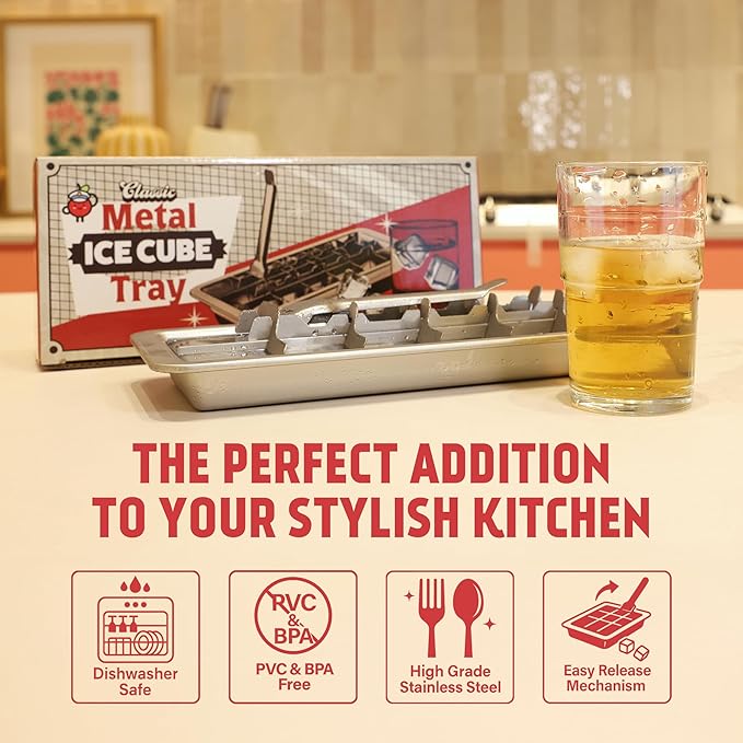 Stainless Steel Ice Cube Tray with lever (11", 18 cubes), Classic Metal Ice Cube Trays for Freezer, Vintage & Retro, Non Toxic, Plastic Free, Dishwasher safe - Image 3