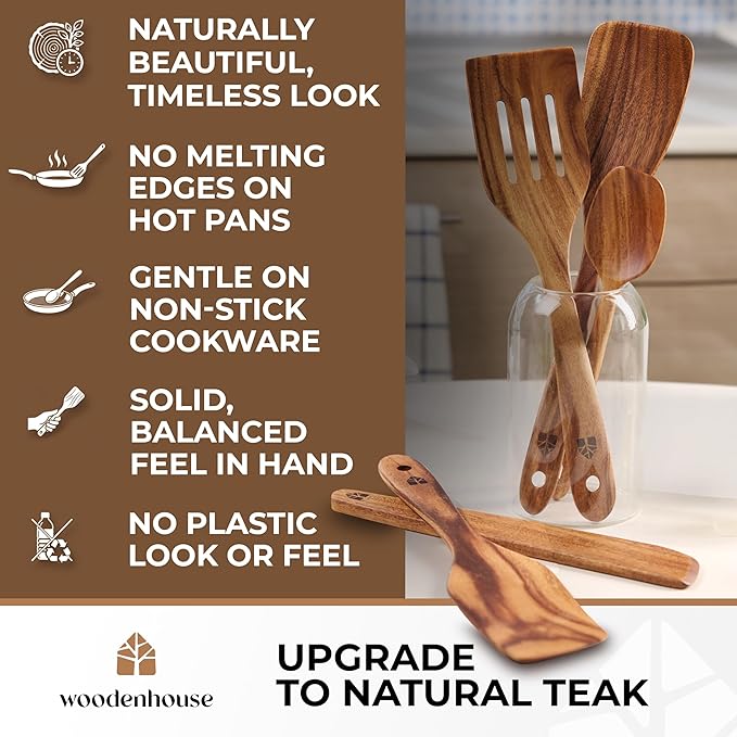 Wooden Spatula for Cooking - Non-Scratch, Sturdy, Natural Teak Cooking Utensils - Easy to Clean Wooden Spatula Set with Turner, Scraper, Slotted & Frying Wood Spatulas, Jar Scraper, Spoonula - 6 Pcs - Image 6