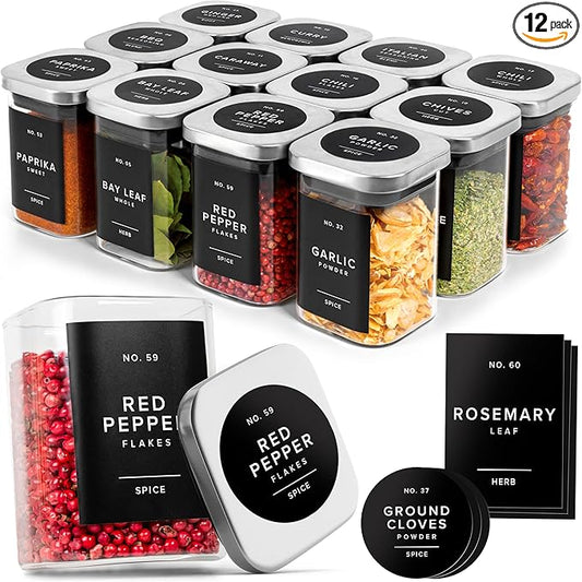 EDELHAUS Glass Spice Jars with Labels and Steel Lids (12 x 6.4oz) Spice Containers with 160 Label, Steel Funnel, Shaker Inserts, Empty Square Seasoning Organizer for Spice Rack, Cabinet, Drawer by EDELHAUS