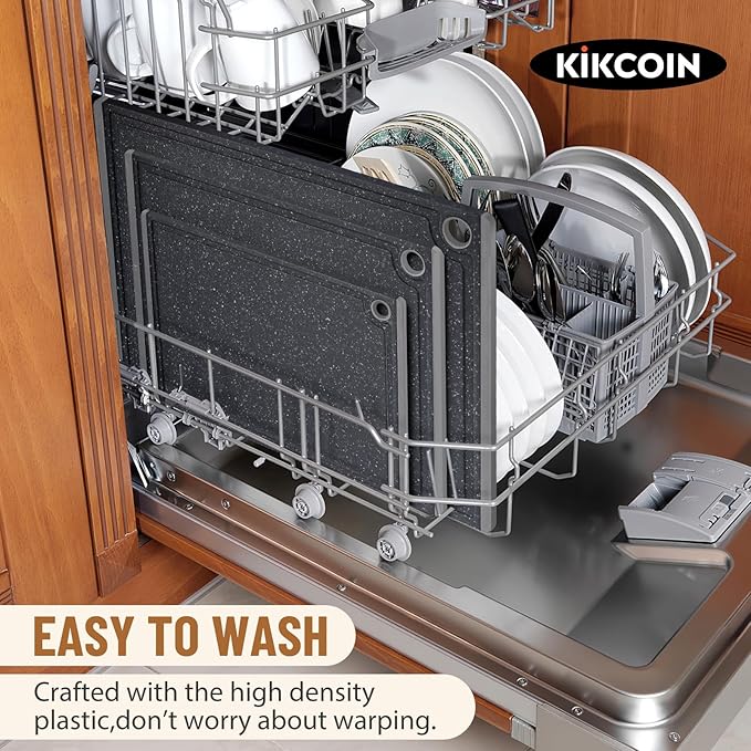 Kikcoin Plastic Cutting Boards for Kitchen, 3-Piece Large Cutting Board Set Dishwasher Safe Chopping Boards with Non-slip Feet and Juice Grooves, Light Gray - Image 6
