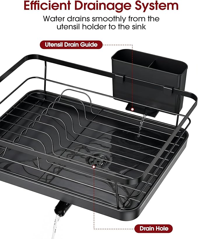 Sakugi Stainless Steel Dish Drying Rack for Kitchen Counter, Sink Organization and Storage Essentials with Silverware & Utensil Holder, Home and Apartment Decor, 12''W x 15.5''L, Black - Image 3