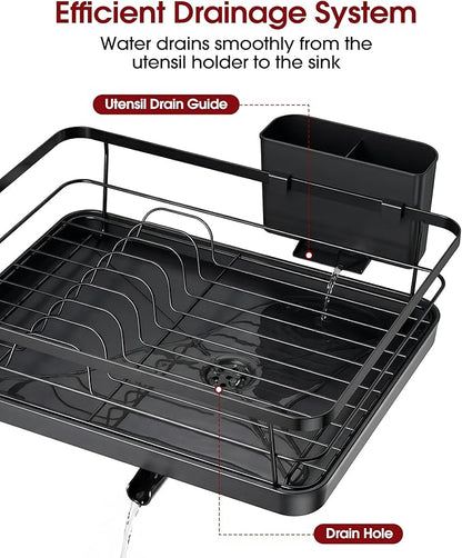 Sakugi Stainless Steel Dish Drying Rack for Kitchen Counter, Sink Organization and Storage Essentials with Silverware & Utensil Holder, Home and Apartment Decor, 12''W x 15.5''L, Black - Image 3
