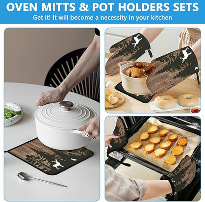 Deer Forest Wood Grain Oven Mitts and Pot Holders Sets Heat Resistant 4Pcs Potholders Oven Gloves Hot Pads for Kitchen Baking Cooking Grilling BBQ