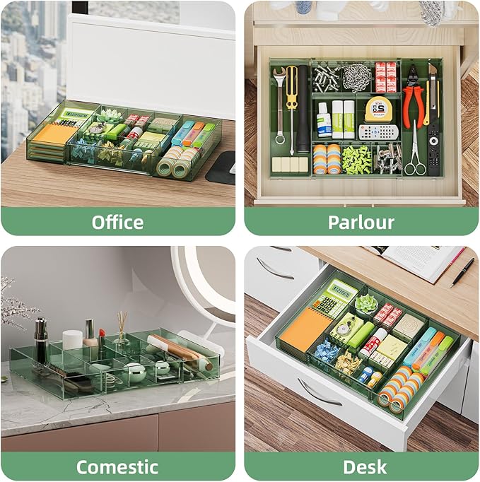Marbrasse Expandable Desk Drawer Organizer, Clear Plastic Drawer Organizer Tray with 10 Adjustable Compartments, Desk Organizers and Accessories, 5 Drawer Dividers for Office Supplies(Clear Green) - Image 5